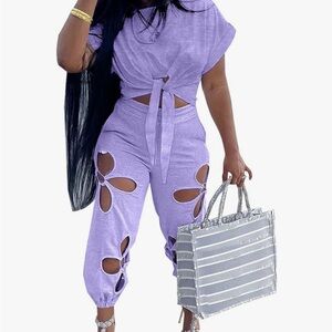 Women 2 Piece Outfits Set Casual Crop Top Shirt Hollowed Out Sweatpants